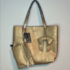 K. Carroll Chic Gold & Brown Reversible Tote Bag Bow & Pouch RFID NWT